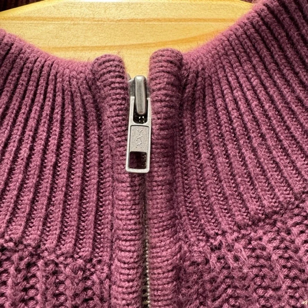 LL Bean Mens Full Zip Mock Neck Sweater Burgundy Cotton Shaker Stitch L-REG